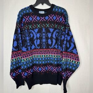 Vintage Meister Mens New Wool Crewneck Sweater Colorful Geometric Wacky Ski